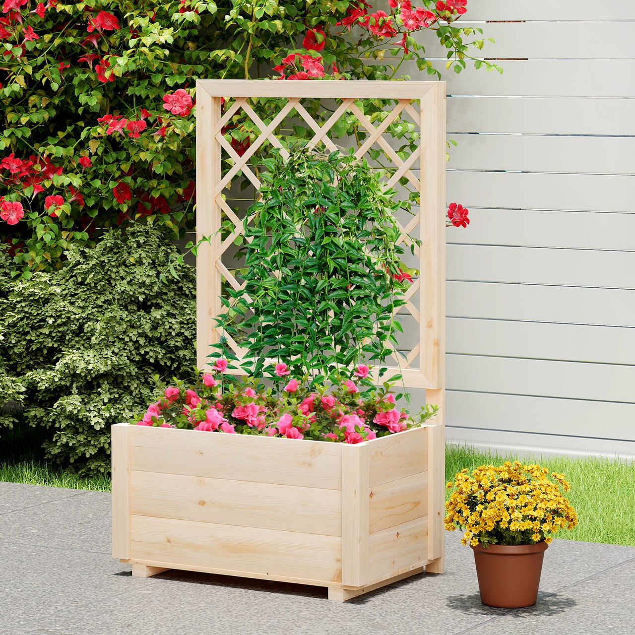 Natural Pine Wood Raised Garden Bed with Trellis Large Planter Box for Vegetables and Flowers